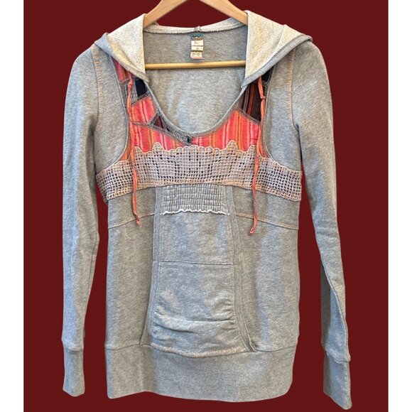 Y2K Free People Boho Hoodie Gray Knit Crochet Patchwork Pullover Festival Small - Picture 1 of 6